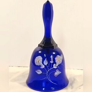 Vtg Fenton Cobalt Blue Handpainted Bell Art Glass Florals Signed Lisa G 6 3/8"